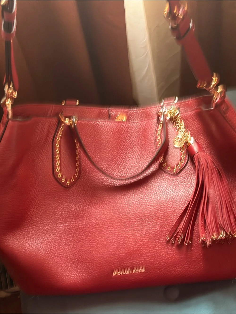 Michael Kors Red Leather Tote with Tassel Charm
